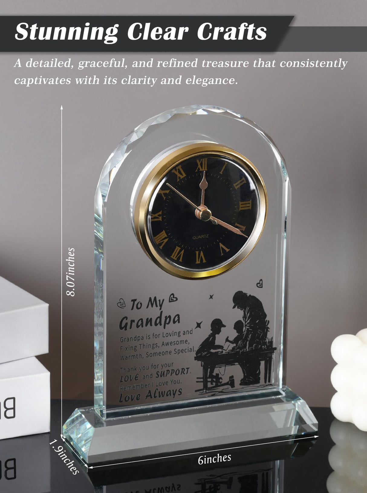 WINTAIM Grandpa Glass Clock Gift from Granddaughter or Grandson - Unique Grandfather Clock Gift Ideas for Great Grandpa Birthday, Christmas, Thanksgiving WinTaim