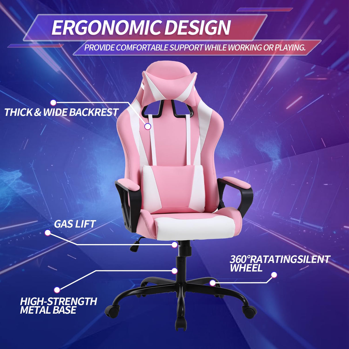 Pink Gaming Chair High-Back Office Chair Ergonomic Video Game Chairs Height Adjustable Reclining Computer Chair with Lumbar Support Armrest Headrest Swivel Chair Game Chair for Adult Teen - Pink BSTOPHKL