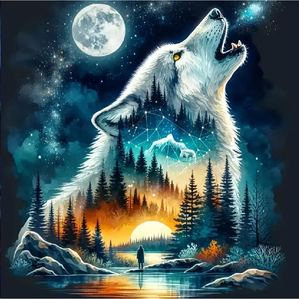 STGLCR Wolf Diamond Art Kits for Adults, Wolf Moon Diamond Painting Kits for Adults Beginners, DIY 5D Forest Diamond Painting with Round Gem Art Kits for Adult for Gift Home Wall Decor 12x12 Inch STGLCR