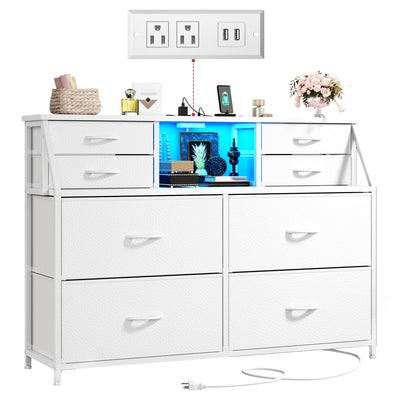 Romorgniz Dresser for Bedroom with Charging Station and LED, Sturdy Chest of Drawers with 8 Drawers and Two Open Shelves for Storage,Bedroom, Living Room,Hallway (White)