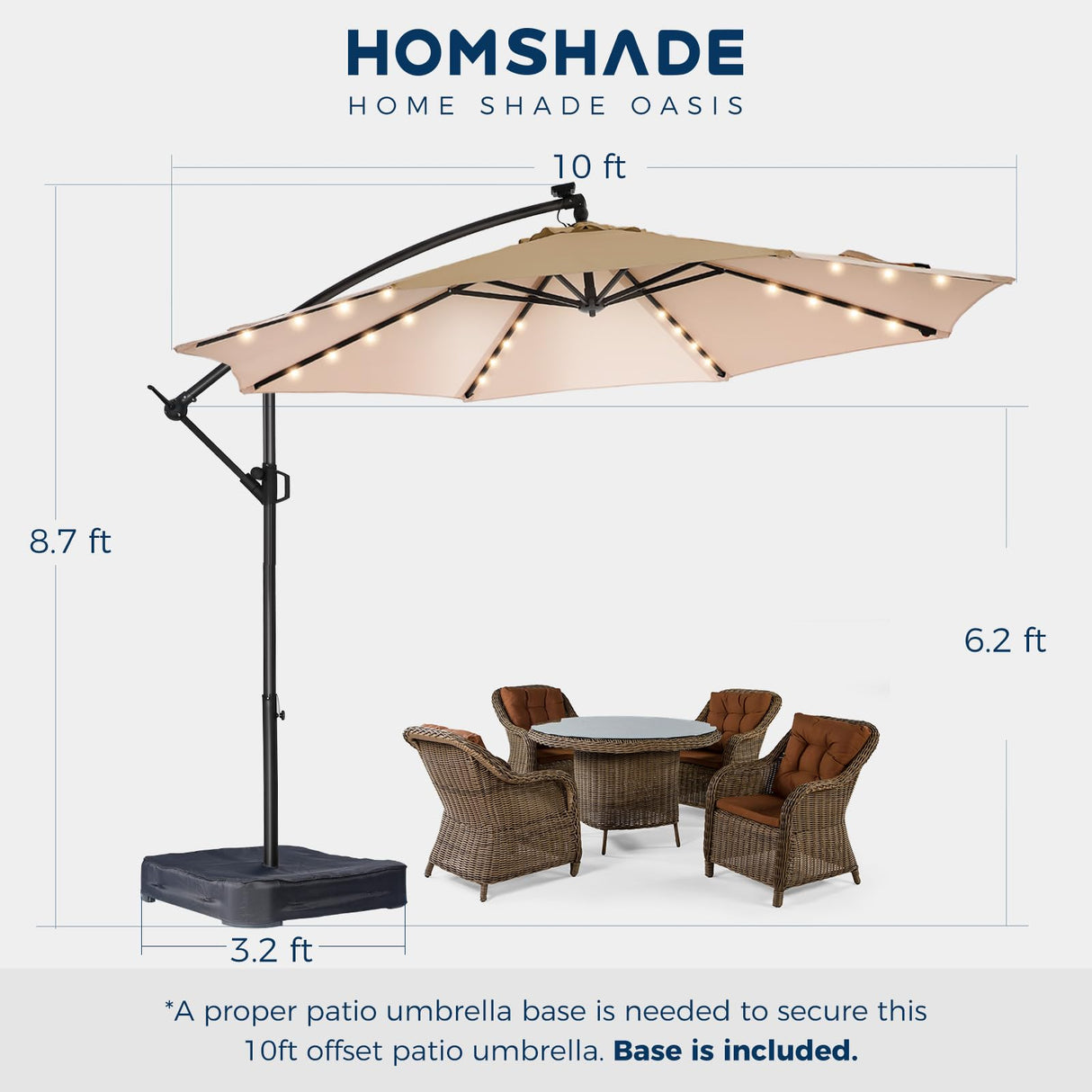 HOMSHADE 10ft Solar Lights Offset Cantilever Patio Umbrella - with Light and Base, LED Lighted Offset Hanging Patio Outdoor Market Umbrella UPF50+ UV Protection with Easy Tilt and Crank (Beige) HOMSHADE