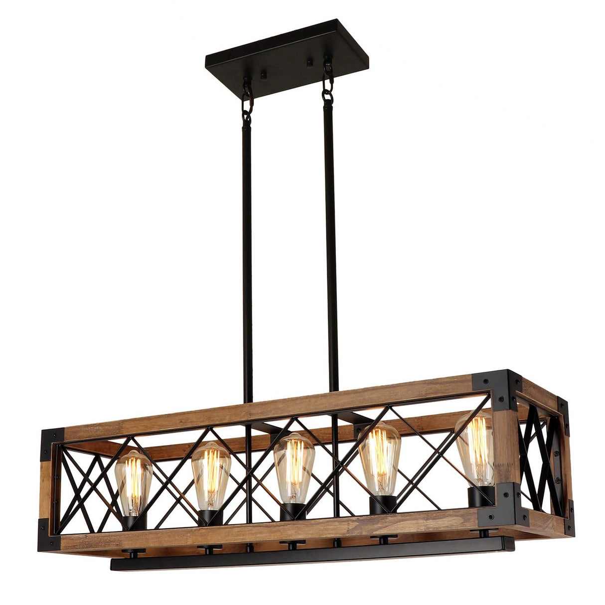Giluta Rectangle Wood Chandelier Farmhouse Style Dining Room Kitchen Lighting Fixtures, 5 Lights Ceiling Hanging Pendant Lighting UL Listed Giluta