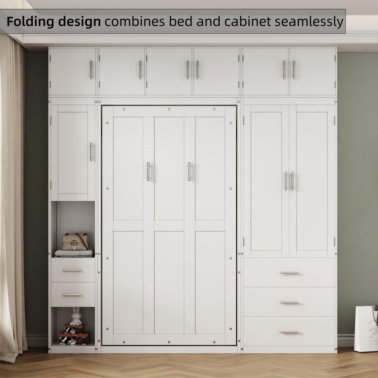 Merax Twin Size Murphy Bed Cabinet with Lockers and Storage Wardrobes Shelves, Wood Foldable Hidden Wall Platform Bedframe Chest for Home, Bedroom, Office, Small Room, Apartment Merax