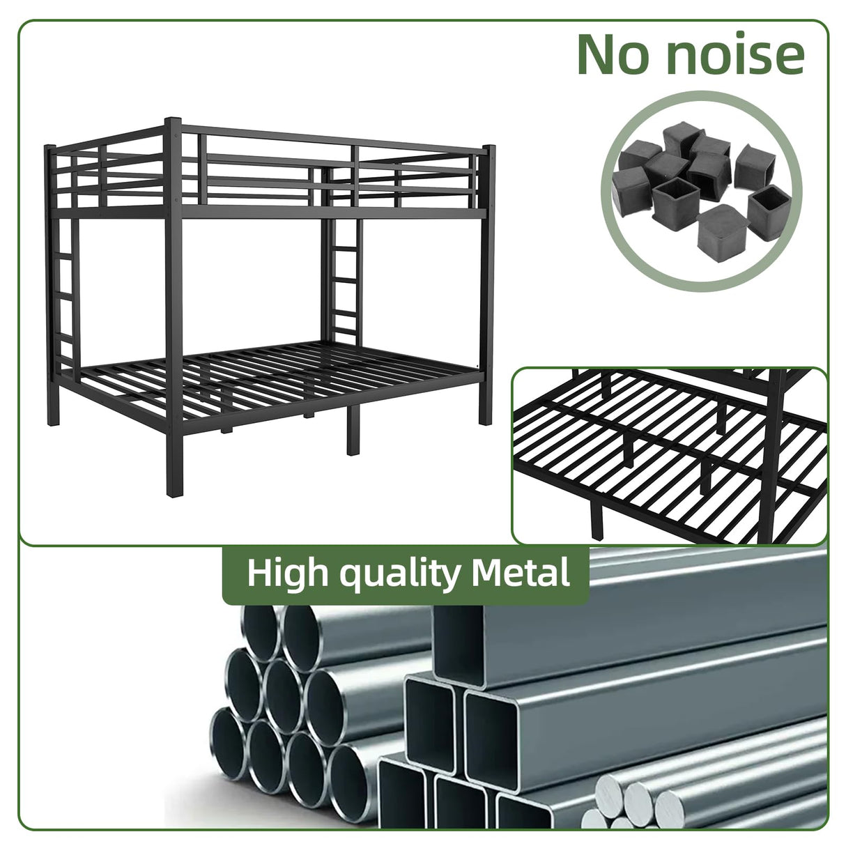 XUWANSHANG Queen Over Queen Bunk Bed Frame, Heavy Duty Metal Loft Bed for Adults/Teens, 400/600LB Capacity w/Ladder & Guardrail, Noise-Free Steel Slats, No Box Spring Required, Black XUWANSHANG