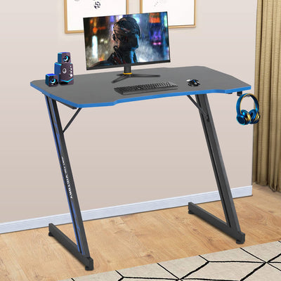 Gmaing Desk 35.4in PC Computer Desk, Blue Ergonomic Gaming Table Z Shaped Gaming Workstation with Headphone Hook for Home Office,Blue