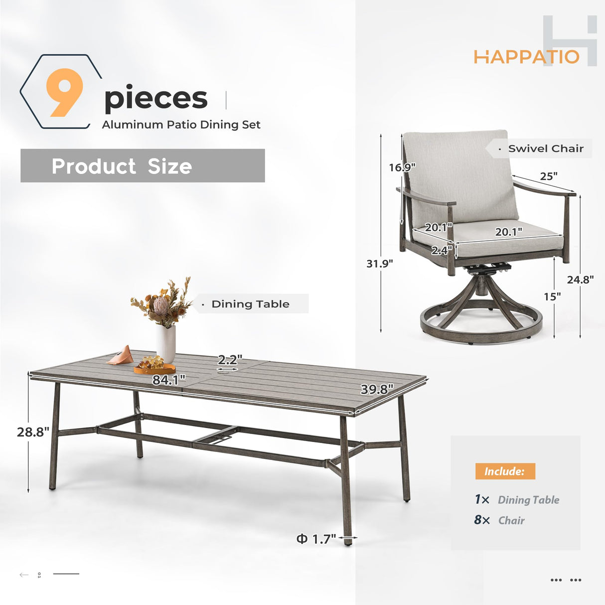 HAPPATIO 9-Piece Patio Table and Chairs Set for 8, Aluminum Outdoor Dining Set with Cushions, 8 Swivel Dining Chairs, 1 Large Rectangular Table with Umbrella Hole for Lawn, Porch, Backyard, Grey HAPPATIO