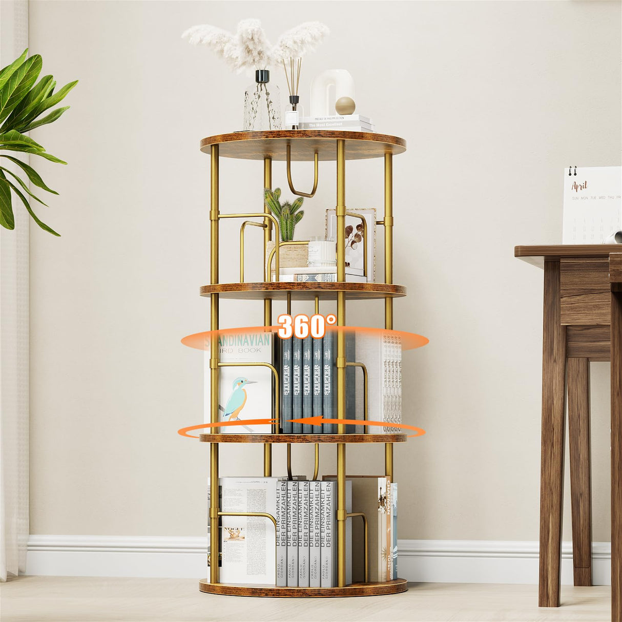 Sleek Gold 3-Tier Rotating Bookshelf with 360° Display and Partition Storage ALLSTAND
