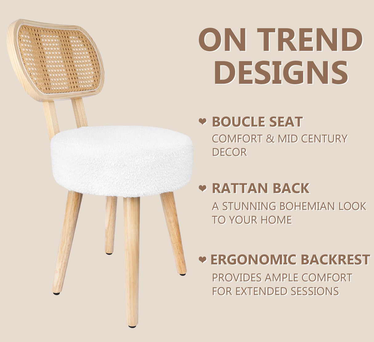Rattan Dining Chair, Kitchen Dining Room Chairs, Mid Century Modern Boucle Chair, Stylish Upholstered Wood Accent Chair, Cute Sherpa Chair, Living Room Bar Stool Chair, Boho Makeup Vanity Chair, 1 Pc ZYBT