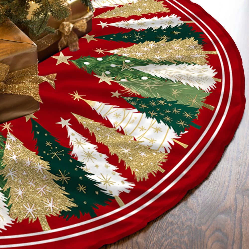 CROWNED BEAUTY Christmas Tree Skirt Collar 48 Inch Xmas Pine Trees Soft Farmhouse Holiday Decoration (Red & Green) CROWNED BEAUTY