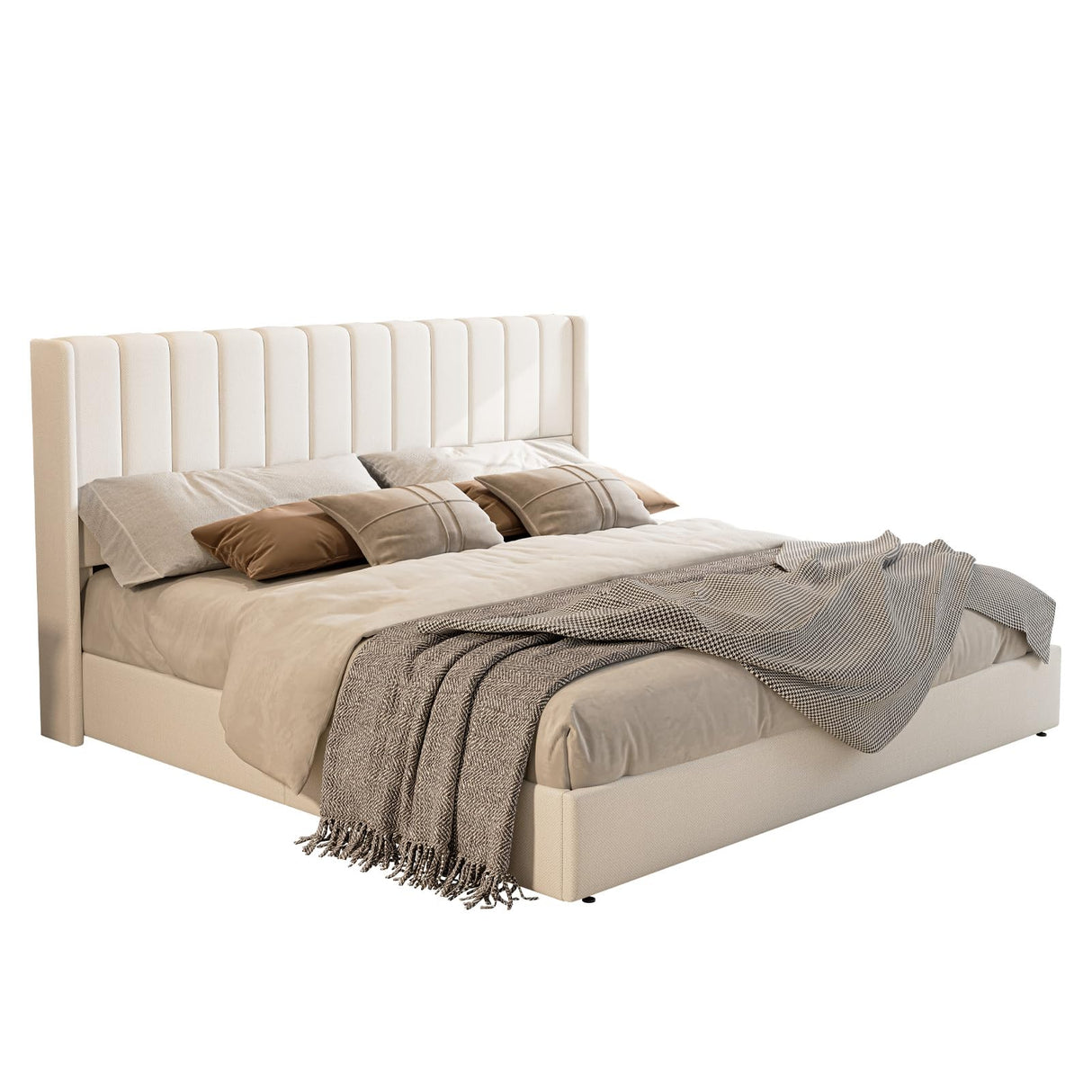 Jocisland King Size Lift Up Storage Bed Frame, Linen Upholstered Platform Bed with Vertical Channel Tufted Headboard and Wingback, Hydraulic System, No Box Spring Needed, Wood Slats Support, White Jocisland