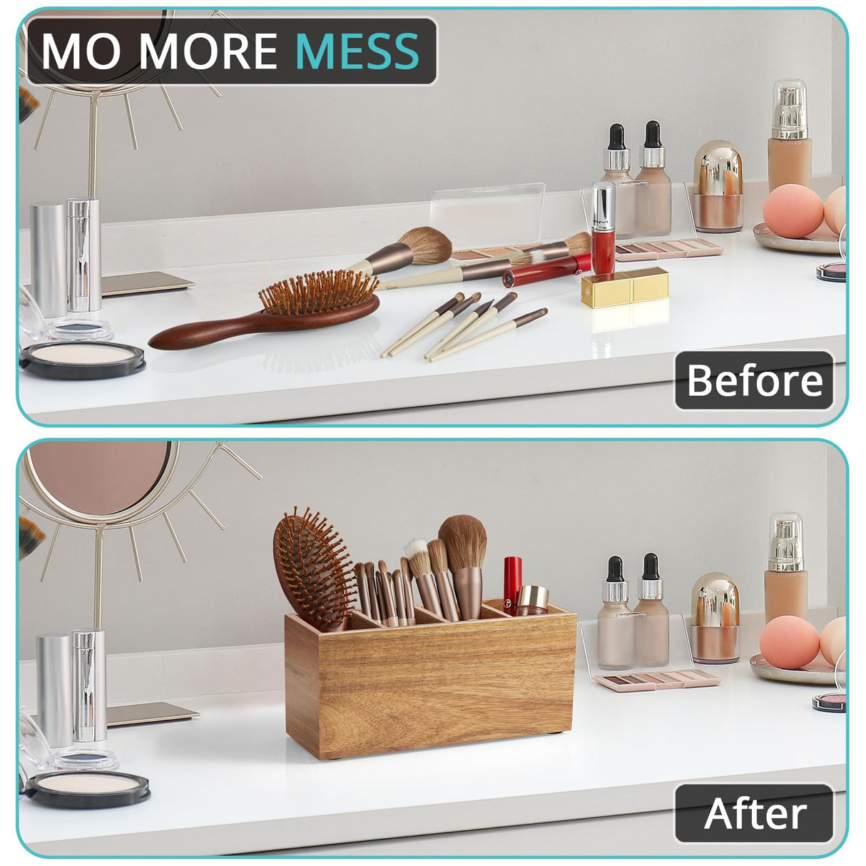 Bivvclaz Pencil Pen Holder for Desk, Acacia Wood Office Desk Organizers and Accessories with 4 Slots for Countertop, Makeup Brush Holder Organizer for Bathroom Vanity, Silverware Caddy for Party Bivvclaz