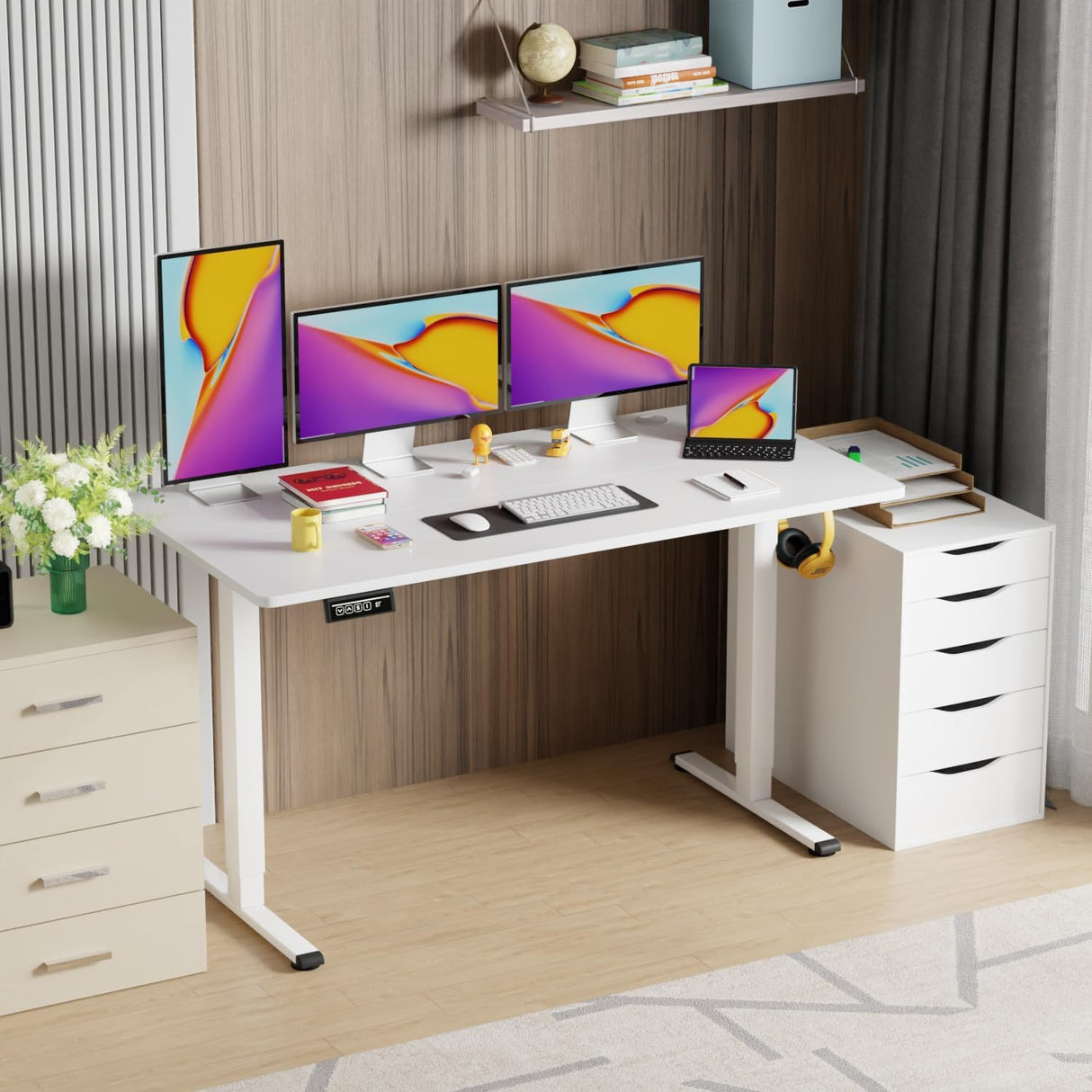 BLKMTY Electric Standing Desk Adjustable Height Computer Desk 24"x55" Home Office Desk Ergonomic Raising Desk Sit Stand Desk with Headphone Hook 20db Noiseless Lifting Desk for Adult, White BLKMTY