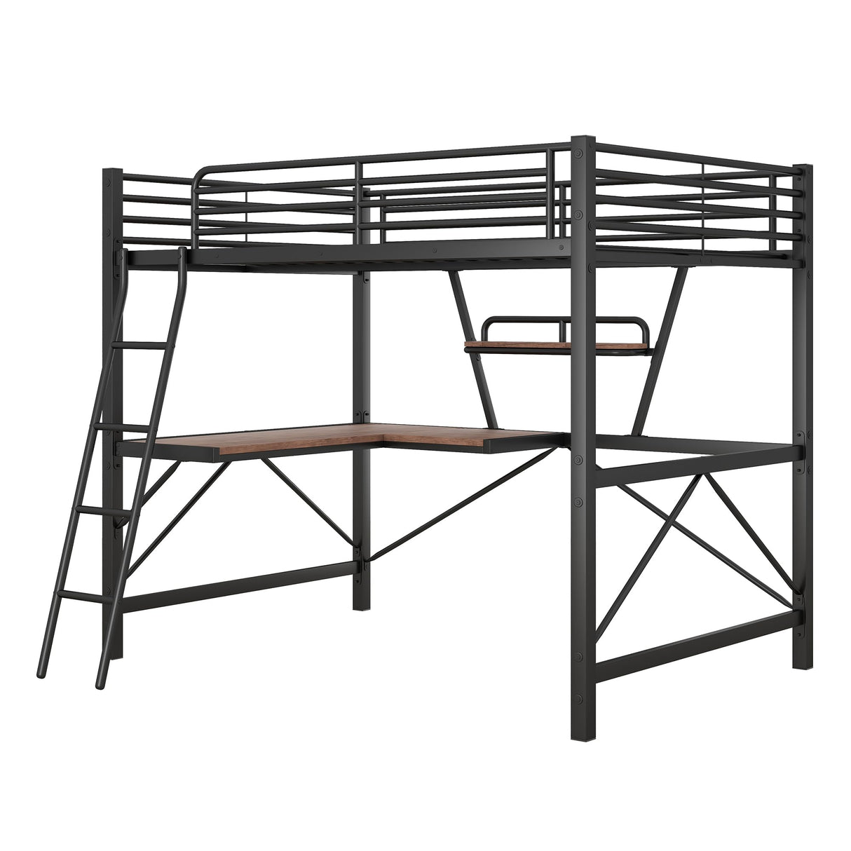 Full Size Loft Bed with Desk and Storage Shelf, Full Size Loft Bed Frame with Guardrail and Ladder, Heavy Duty Loft Beds for Kids, Teens, Black Bellemave