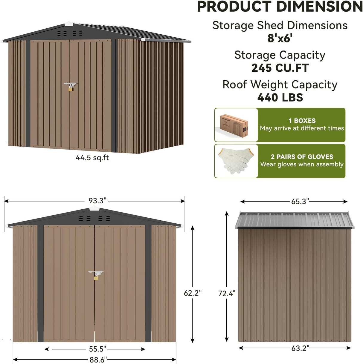 COMHOMA Shed Outdoor Storage Shed Metal,Lockable Doors Tool Sheds with Sloping Roof,Steel Garden Shed with Air Vent for Backyard,Patio,Lawn,Poolside (Brown, 8'*6') COMHOMA