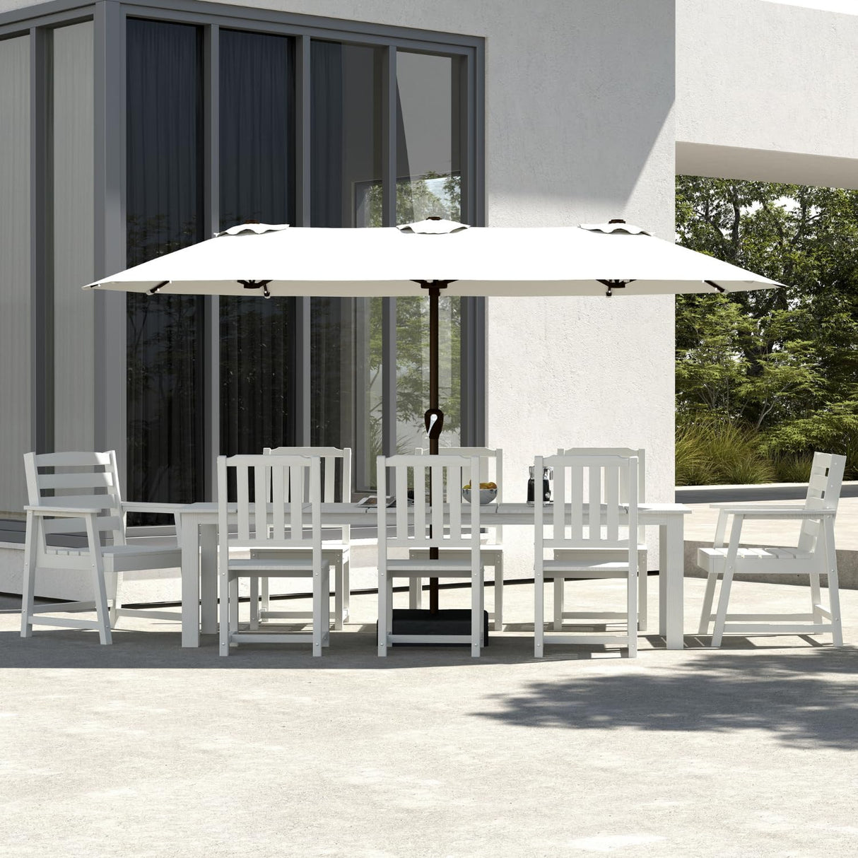 Patio Kingdom 9-Piece White Outdoor Dining Set with Beige 15FT Large Patio Umbrella, 75.2'' HDPE Table & Chairs for 8, Weather-Resistant Furniture with Umbrella Hole for Patio, Lawn, Poolside Patio Kingdom