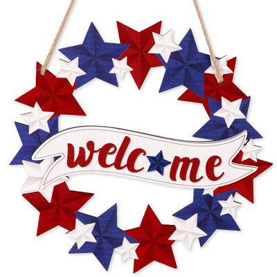 4th/Fourth of July Decorations Welcome Wreath for Front Door - Wooden Red White and Blue Star Sign, Patriotic Memorial Day Porch Home Wall Outside Decor