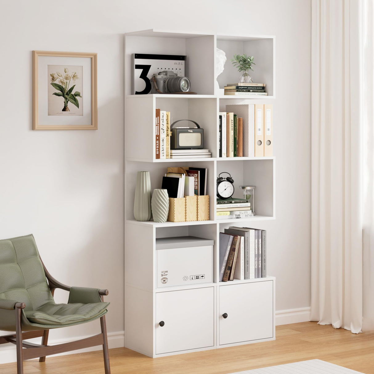 Furnify 5 Tier Bookshelf, 67" Tall S Shaped Bookcase with Door, Modern Open Book Shelf Standing Unit, Room Divider, Freestanding Wood Display Shelf for Living Room, Office, White Furnify