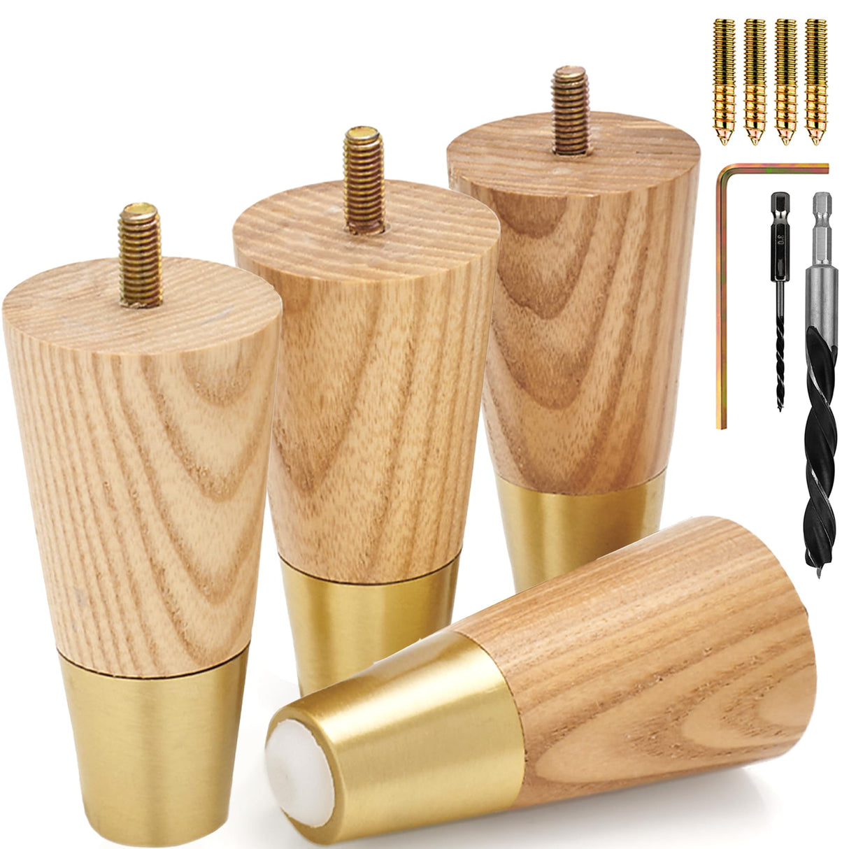Ash Wood Furniture Legs With Gold Caps - Mid Century Feet For Sofa, Chair, Table, Dresser, Bed, Cabinet, Ottoman - Wood Leg Risers, Easy Install & Includes Installation Hardware - Set of 4, 4 Inches Airy Abode