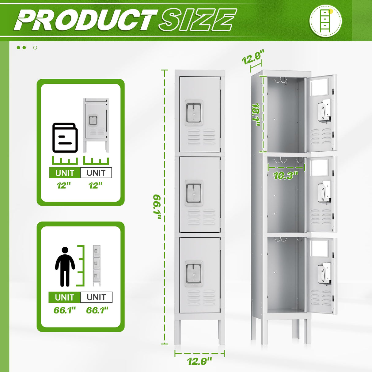 Pataku Metal Lockers for Employees, 3-Tier Storage Locker, Steel Locker Cabinet for School, Home, Gym, Office, Garage with Mirrors, Screwdriver, Gloves, Hooks, Unassembled (Grey,3-Tier) Pataku