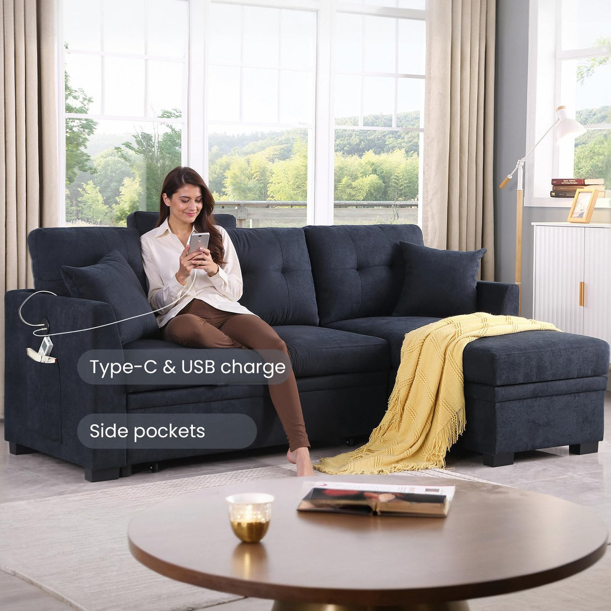 Yafylly L-Shaped Sofa with Storage and Pull-Out Bed, Convertible Futon Chaise Lounge with Ports, Recliner for Living Room, Bedroom, Apartment, Office, Dark Blue Yafylly