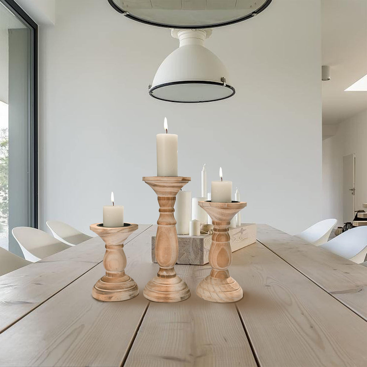 Yorkmills Pillar Candle Holder Set of 3, Farmhouse Decor Living Room Tall Candle Holders for Pillar Candles, Wood Candle Holders for Table Centerpieces Tan Home Decor Kitchen Dining Room Table Decor Yorkmills