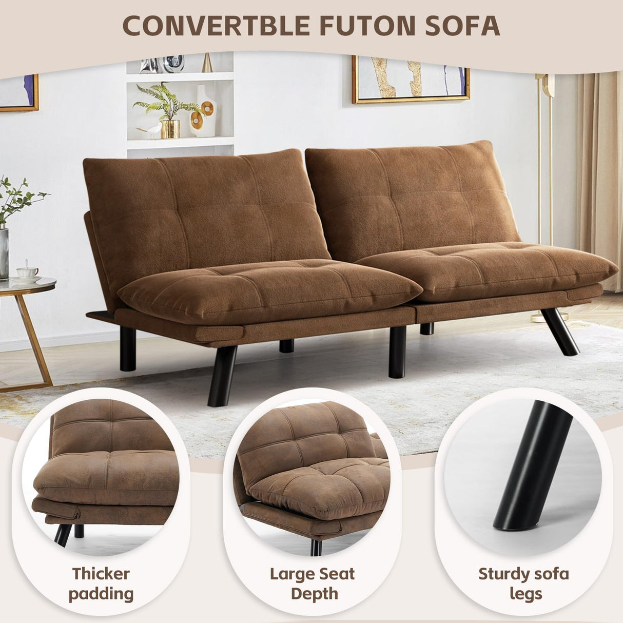 SoarFlash 67 Inch Futon Double Sofa Bed, 2 in 1 Velvet Loveseat with Adjustable Backrest Memory Foam Sofa for Living Room Bedroom Office Apartment Compact Couch(Brown) SoarFlash