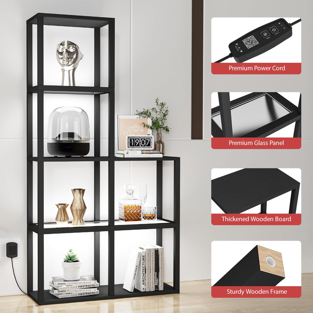 VILICK Display Shelf with LED Light Standing Floor Lamp with Glass Storage Shelves for Collectibles, 5 Tier Tall Corner Shelf Open Curio Cabinet for Living Room, Bedroom, Office, Home Decor VILICK