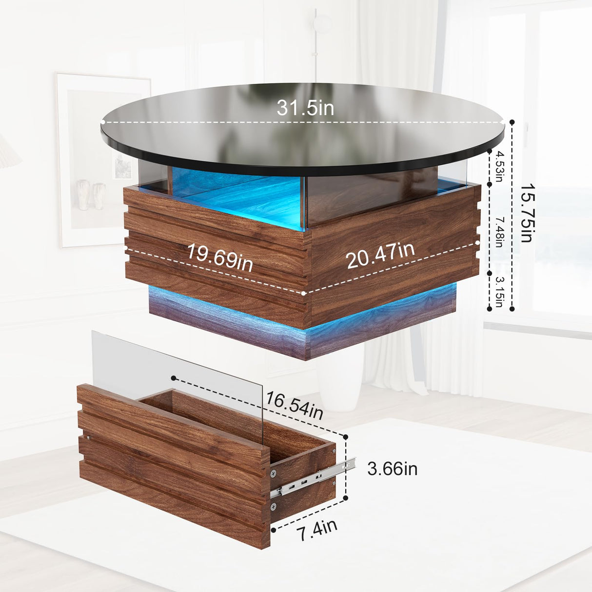 PAKASEPT 31.5" Black Round Coffee Table with LED Light, Modern LED Coffee Tables with 2 Sliding Drawers, Wood Center Table for Reception Home Dining Room PAKASEPT