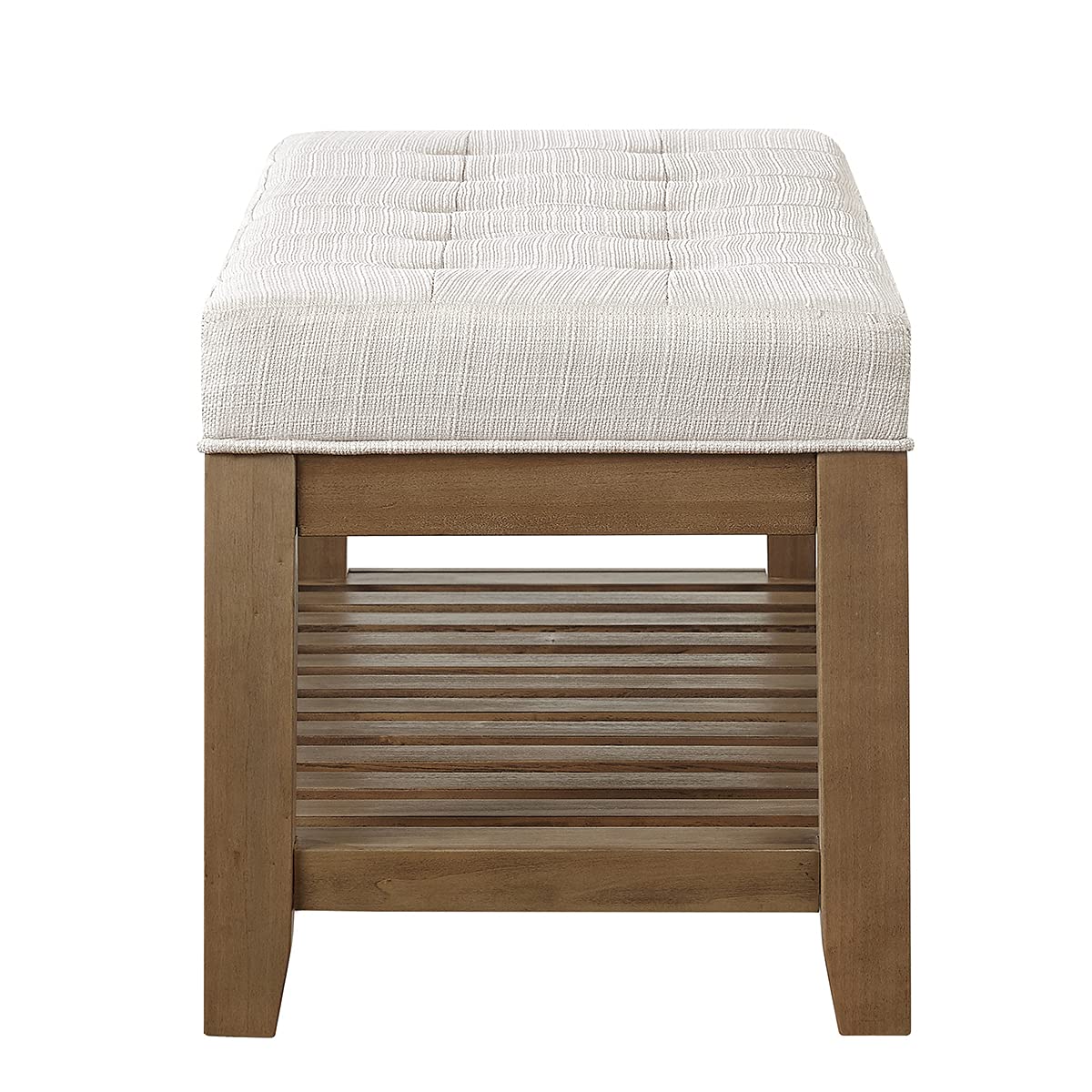 24KF Large Rectangular Upholstered Tufted Linen Ottoman Bench, Padded Bench with Solid Wood Shelf-Ivory 24KF