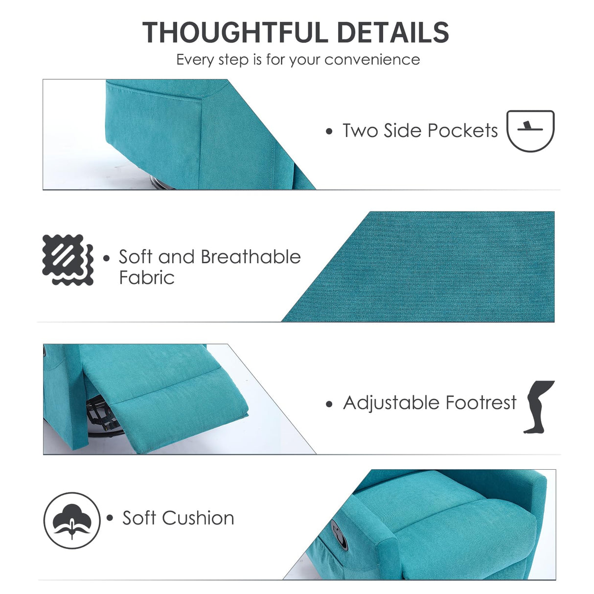 EZZUP 360° Swivel Recliner Chairs for Small Spaces, A Recliner with Side Pockets, Small Rocker Recliner for Living Room, Bedroom, Sky Blue Recliner Chair for Adults EZZUP