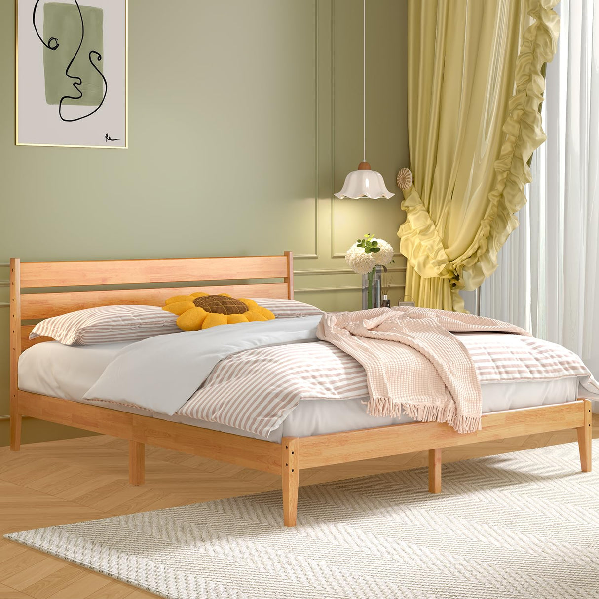 MORDEER Solid Wood Queen Bed Frame, Malaysian Oak Platform Bed with Ladder Headboard, Modern Bedframe with Elevated Bed Legs, No Box Spring Needed, Noise-Free, Queen Size, Rustic Pine MORDEER