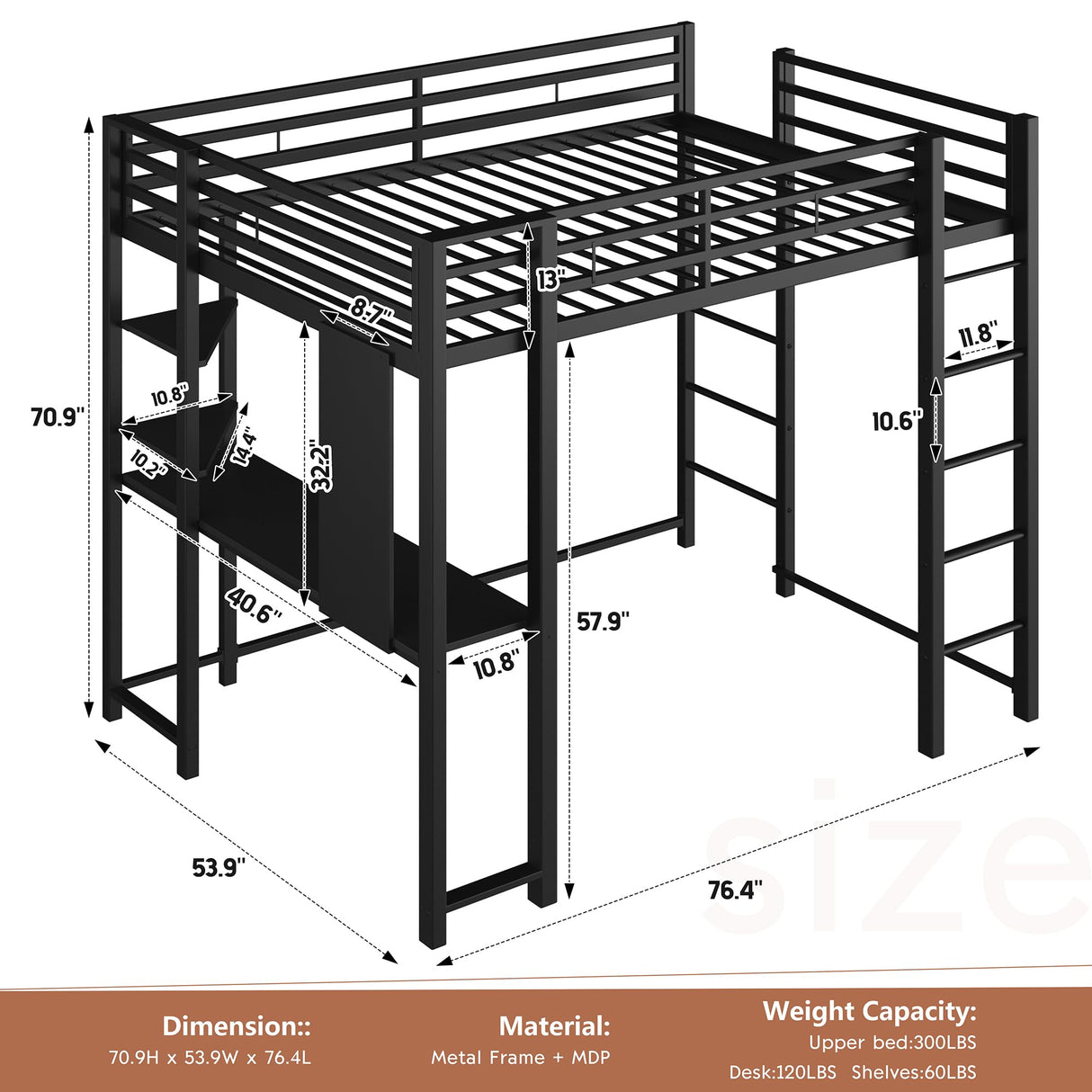 Shintenchi Full Size Loft Bed with Desk, Metal Frame with 2 Side Ladders, Storage Shelves, Safety Guardrail, Noise Free & Anti-Tilt Design, Space-Saving for Kids/Teens/Adults, Black Shintenchi