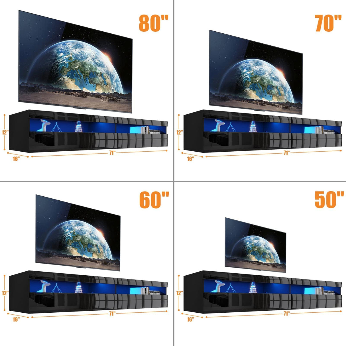 ANTISTA Floating TV Stand with Led Lights, 71 inch Wall Mounted TV Shelf with Power Outlet, Modern Entertainment Center Media Console with Storage Cabinet, Up to 80 Inch TVS, Black ANTISTA