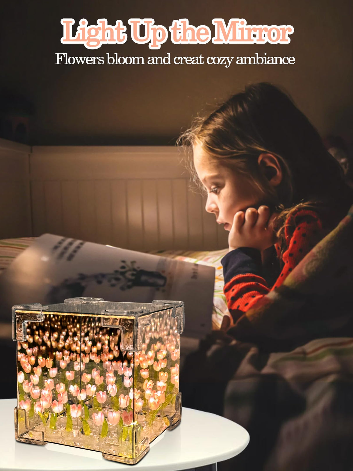 DIY Tulips Cube Mirror Lamp,Finished Tulip Night Light,Handmade Tulip Flower Magic Lights,Bedroom Living Room Desktop Decor for Mom,Girl,Couple,Friend Birthday Gift(Includes 13 LR44 Button Batteries) AQDZCNF