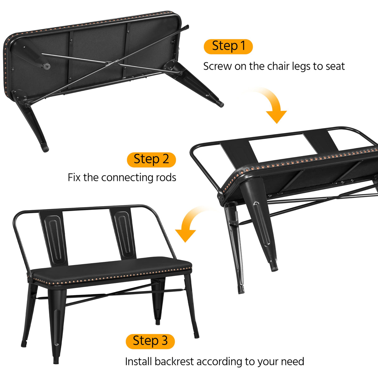 Yaheetech Farmhouse Dining Bench Industrial Metal Bench with Upholstered Seat with and Removable Backrest for Entryway, Garden, Backyard, Black Yaheetech