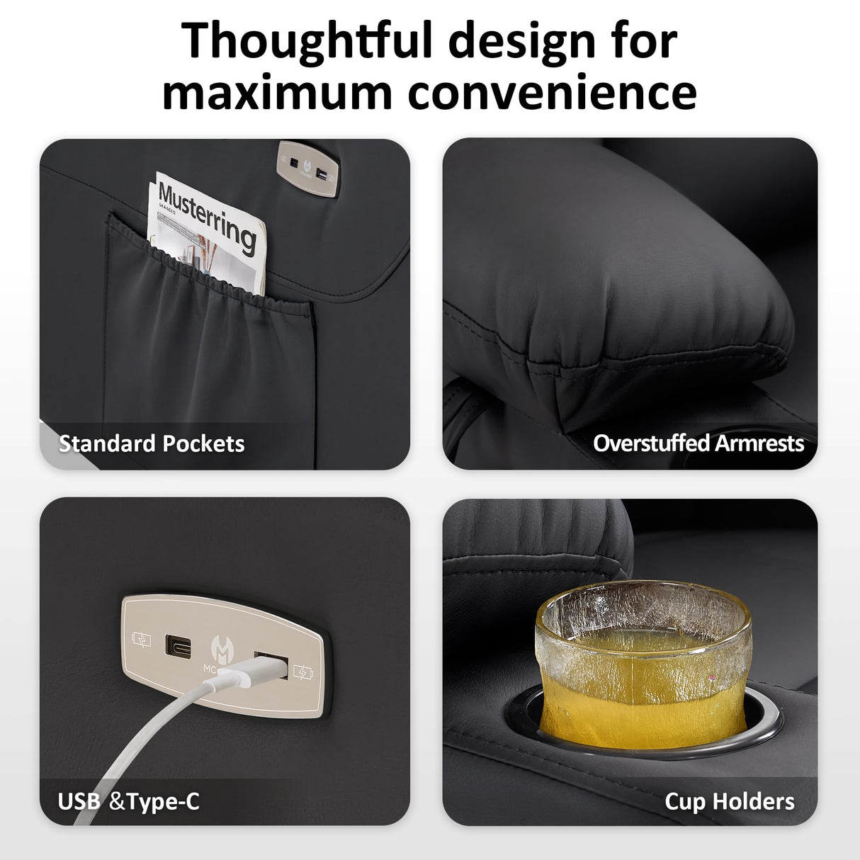 MCombo Power Lift Recliner Chair with Extended Footrest for Elderly People, Faux Leather 7287 (Black, Medium) MCombo