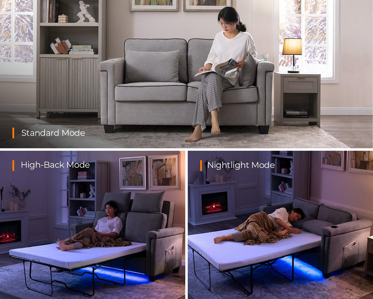 Fadware Pull Out Sofa Bed, Full Size Sleeper Sofa Couch with Memory Foam Mattress, 2 in 1 Convertible Pullout Couch Bed with USB Charging Ports for Compact Living Space, Apartment, Office, Grey Fadware