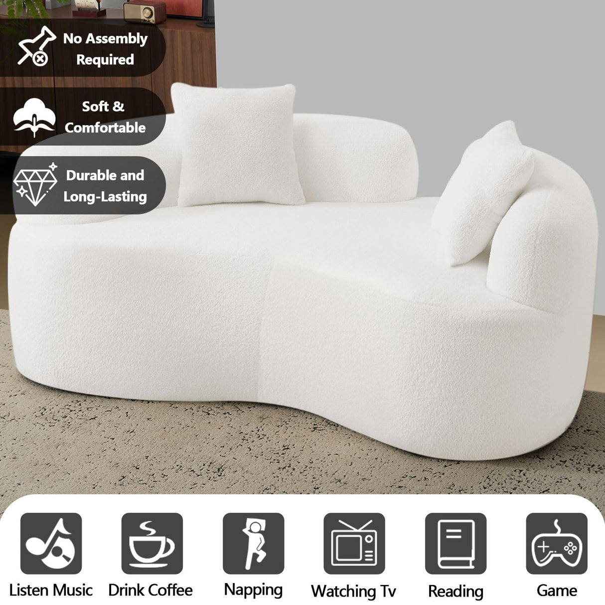HRVEOCEI 67" White Curved Loveseat Sofa with 2 Pillows, Boneless Curved Couch with Round Armrest, Cloud Sofa for Living Room Bedroom Small Spaces, Teddy, Modern, Compressed, No Assembly (White-1) HRVEOCEI