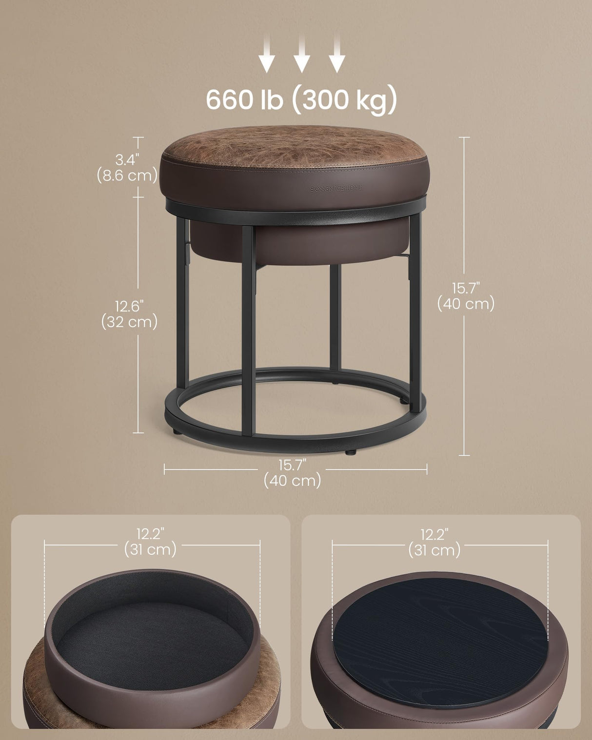 SONGMICS HOME LUIZ Collection - Ottoman Footstool, Round Ottoman, Vanity Chair Stool, Footrest, Reversible Top, Side Table, Max. Load 660 lb, Bedroom Living Room Entryway, Walnut Brown ULOM080K01 SONGMICS HOME