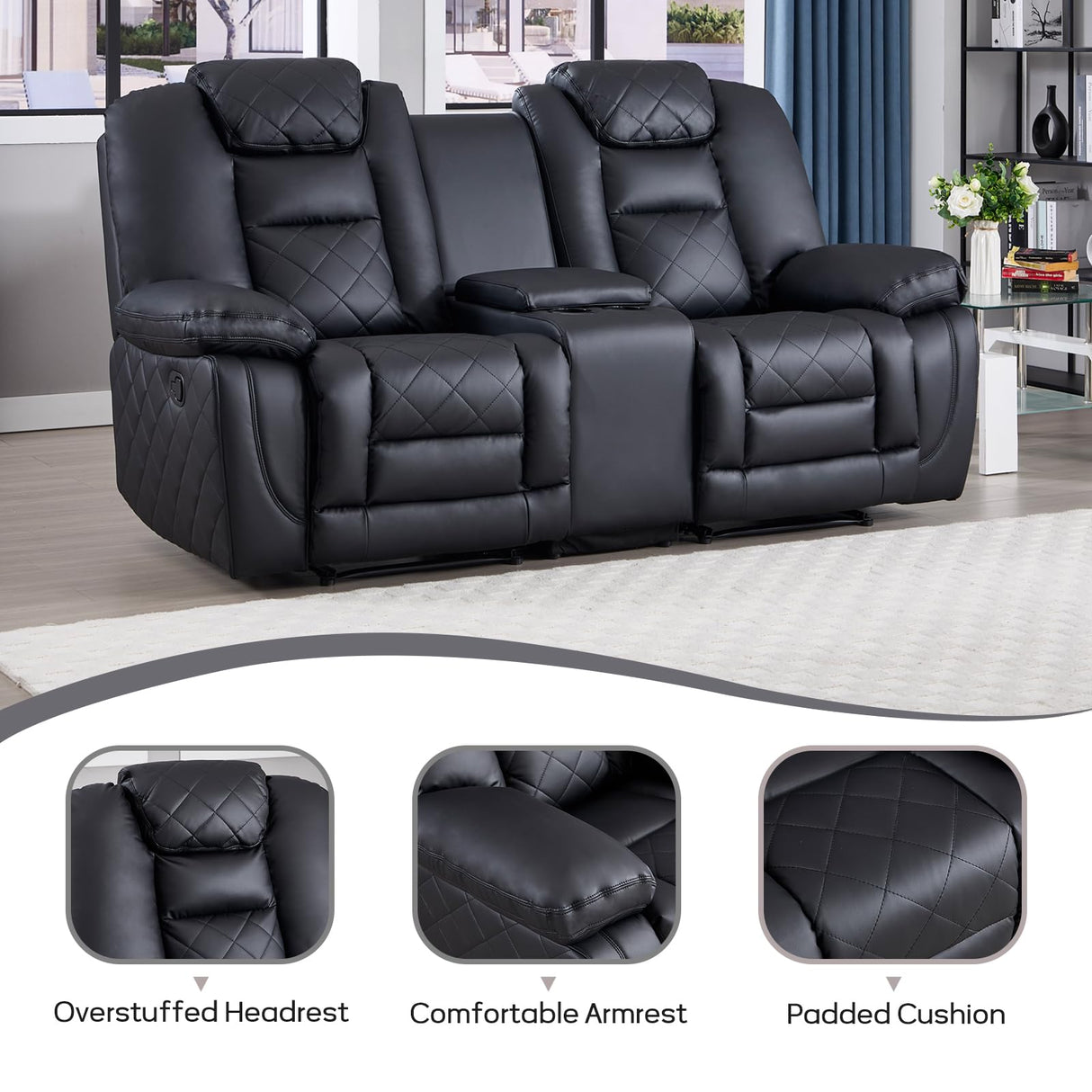 EBELLO Faux Leather Manual Loveseat Recliner Sofa, 2 Seat Reclining Couch Chair with Center Console, Hidden Storage and Cup Holders, Home Theater Seating for Living Room, Black (Loveseat) EBELLO
