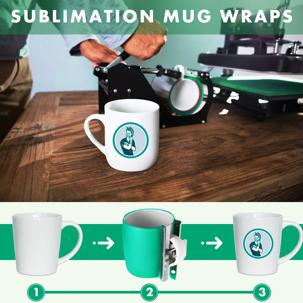 3 Pieces 3D Sublimation Silicone Mug Wraps, Mug Mold Cup Clamp Transfer Mug Clamp Fixture for Printing Mugs Sublimation Heat Transfer Machine (Green,11 oz, 12 oz, 15 oz) Mudder