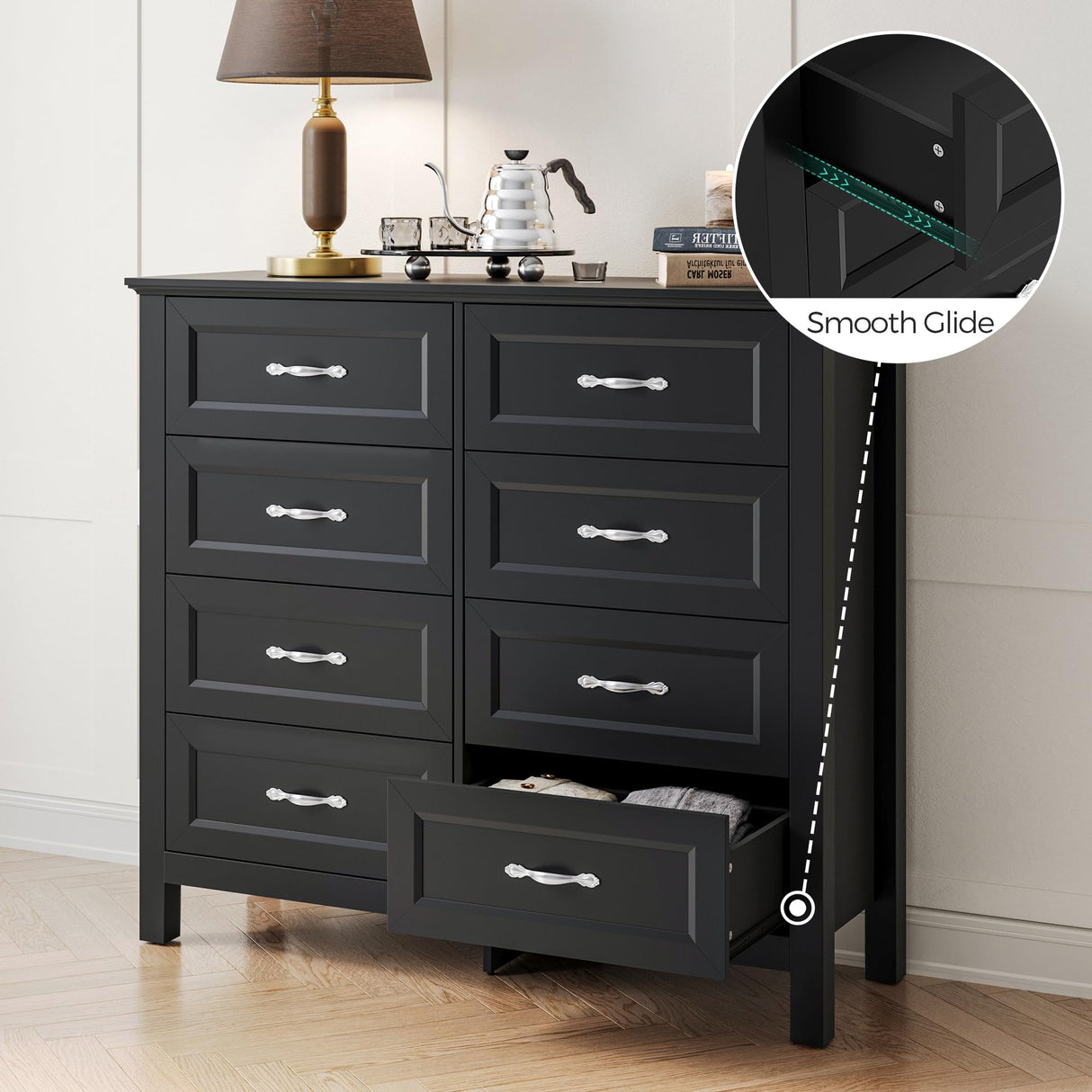 LINSY HOME 8 Drawers Dresser for Bedroom, Black Wood Dresser with Metal Handle, Farmhouse Tall Chest of Drawers with 1 pcs Fabric Divider Organizer, Storage Organizer for Living Room, Closet, Hallway LINSY HOME
