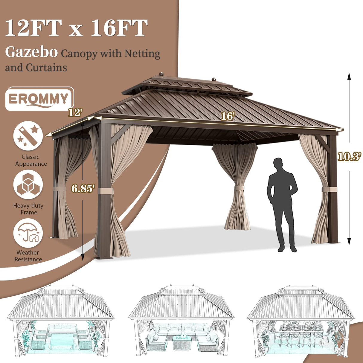 EROMMY 12' X 16' gazebos on Clearance, Hardtop Gazebo Aluminum Gazebos with Galvanized Steel Double Roof for Patio Lawn and Garden, Curtains and Netting Included, Dark Bronze EROMMY