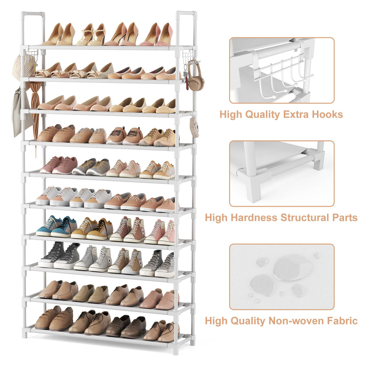 VTRIN 10 Tiers Shoe Rack Tall Large Capacity 50 Pairs Wide Shoe Organizer Sturdy Shoe Shelf for Entryway with Two Hooks Metal Shoe Storage for Closet, Bedroom, White, XJ-113 VTRIN