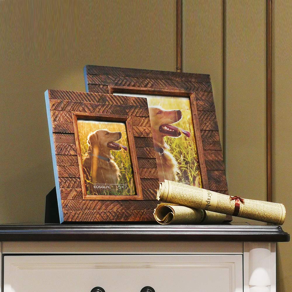 Eosglac Wooden 5x7 inch Picture Frame, Wood Plank Design with Rustic Brown Finish, Wall Mounting or Tabletop Display, Handmade Photo Frame Eosglac