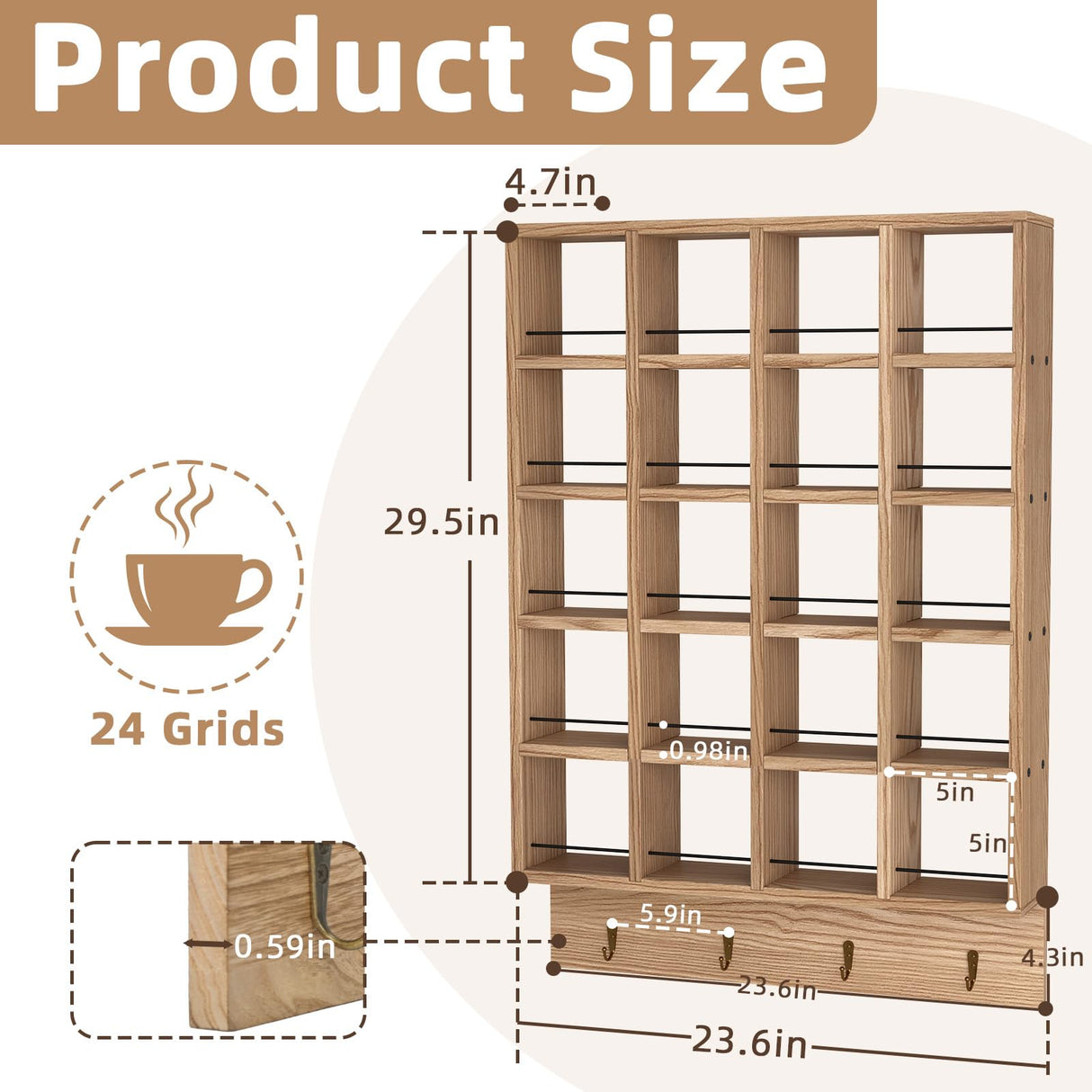 WYJREES Wooden Coffee Mug Display Rack, Wall Mounted Coffee Cup Display Shelf, Hold 24 Mugs, Rustic Shot Glass Display Case, Coffee Mug Holder Organizer for Kitchen, Coffee Station (23.6 * 29.5in) WYJREES