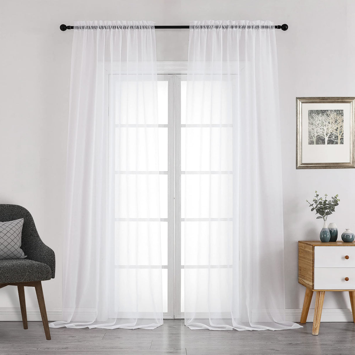 Chyhomenyc White Sheer Curtains 108 Inch Length 2 Panels Set, Extra Long Light Filtering Solid Voile Window Drapes for Living Room Party Ceremony, 42Wx108L, 9FT Length, Set of 2, White Chyhomenyc