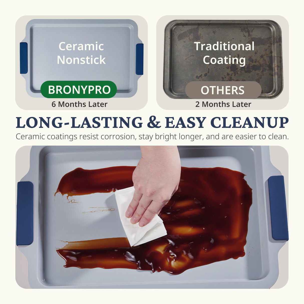 BRONYPRO Non Stick Ceramic Baking Sheet Pan Set of 3, Natural Non Toxic Cookie Sheets for Baking - PFOA, PTFE Free, Heavy Duty Aluminized Steel Oven Trays for Cooking with Silicone Handles, Navy BRONYPRO