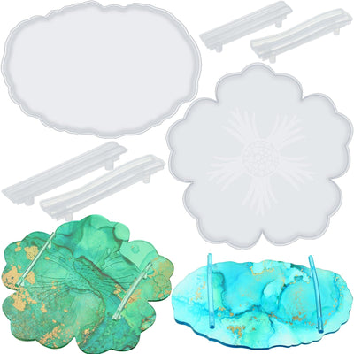 meekoo 2 Pcs Large Silicone Resin Tray Molds with 4 Pcs Handles Serving Tray Molds Resin Mold for Making Jewelry Plates Tea Coasters Art Craft Casting Supplies (Flower, Oval)
