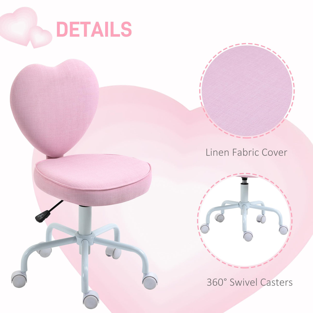 HOMCOM Armless Home Office Desk Chair, Modern Fabric Makeup Vanity Chair with Heart Shape, Swivel Wheels, Height Adjustable, Pink HOMCOM